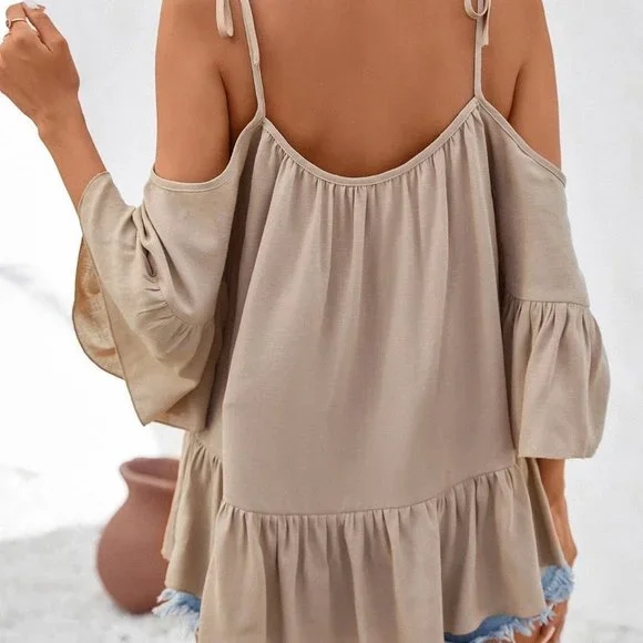 Cold Shoulder Ruffle Hem Solid Blouse khaki - Picture 2 of 5